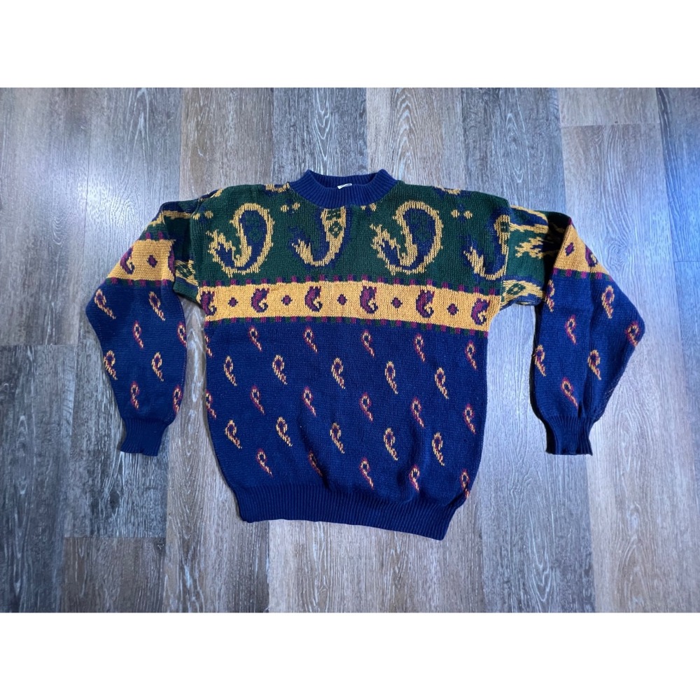 Cabin Creek Paisley Knit Sweater Mens Small Blue Green Vintage Crewneck USA Made